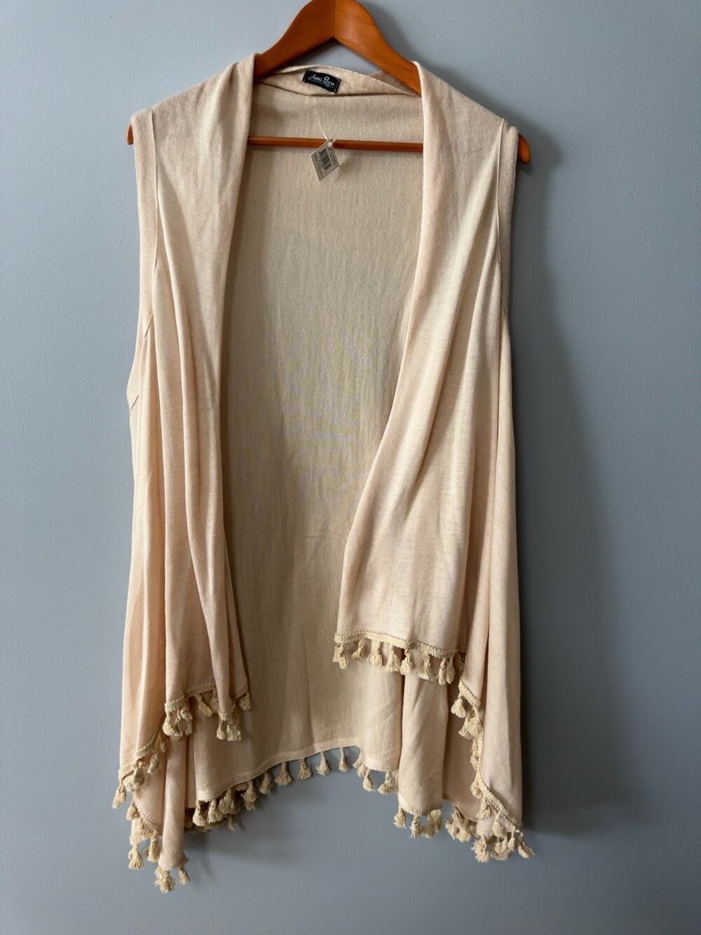 Anna Lane Tassel Open Front Cardigan Vest Boho Sleeveless Beige One Size